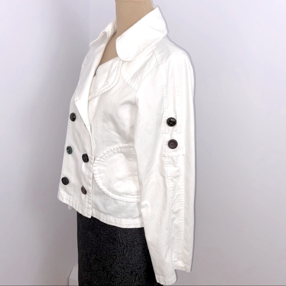 Double Breasted Eclectic Buttons White Cropped Canvas Pea Coat Jacket Si… - Picture 3 of 12